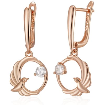 Boucles d'oreilles pendantes en zircon naturel brillant, motif oiseau, couleur or rose, haute qualité, bijou raffiné pour femme, à porter au quotidien. beige