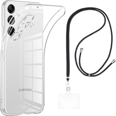 Set met hoesje en nekband voor Samsung Galaxy a55 - Flexibele, transparante TPU-bescherming, verstelbare universele nekband voor mobiele telefoons, zwarte nekband, transparante draagriem van Phonillico®
