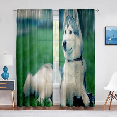 Winter Sneeuw Husky Hond Schattig Dier Puppy Transparante Voile Gordijnen voor Woonkamer Slaapkamer Keuken Decor Chiffon Tule Raamgordijnen 1 PCS W100XH250cm&Grommet Top