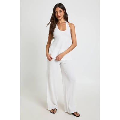 boohoo Dames Gekreukte Hemdje Met Ronde Hals En Wijde Broek Co-ord Set | Ivoor | Maat: 34