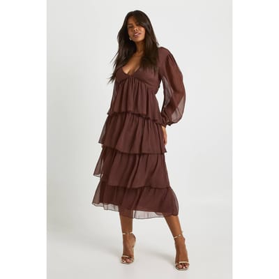 boohoo Dames Chiffon ruche midaxi jurk | Chocolate | Maat: 8