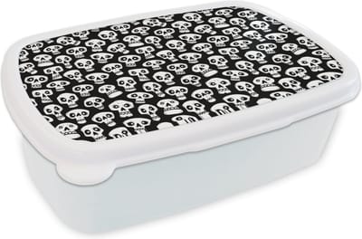 Broodtrommel Wit - Lunchbox - Brooddoos - Patronen - Skull - Zwart Wit - 18x12x6 cm - Volwassenen