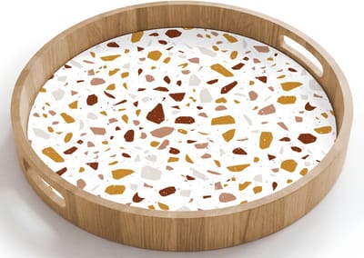 Dienblad rond 40x40 cm - Schootdienblad hout - Terrazzo - Patroon - Wit - Urban - Borrelplank rechthoek - Plateau houten dienbladen