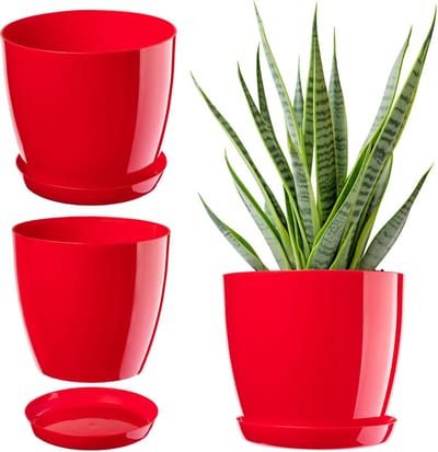 Kadax Bloempot Ronde Plantenpot met Onderschotel Kunststof Binnenshuis Ø 16 cm Rood