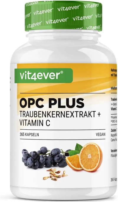 OPC druivenpitextract + natuurlijke vitamine C - 365 capsules - voor 12 maanden - Hoogste OPC-gehalte volgens HPLC - OPC van Europese druiven - Veganistisch - Vit4ever