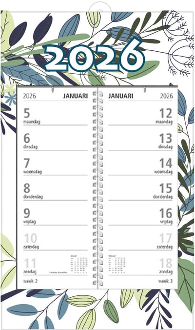 MGPcards - Omlegweekkalender 2026 - Week begint op maandag - 21 x 34 cm - Bladeren - Wit