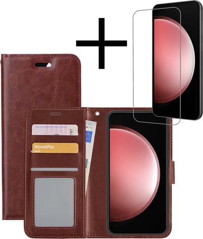 Hoesje - Met Screenprotector - Geschikt voor Samsung Galaxy S23 FE - Luxe Pasjeshouder - Bookcase Portemonee - Flip Case - Kunstleer Book Case - Flipcase - Book Cover - Walletcase - Portemonneehoes - Bruin