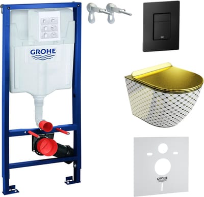 Inbouwreservoir Complete Toiletset Grohe Solido 39069000 - Inbouw WC Hangtoilet Wandcloset Sofi Slim Checked Gold - Bedieningsplaat EVEN 3in1 Zwart - Voorwandelement - Installatiesysteem