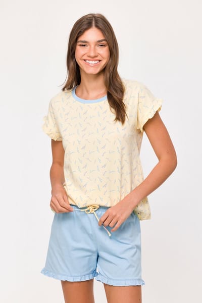 Woody Meisjes-Dames Pyjama gele lavendel print - maat 140/10J