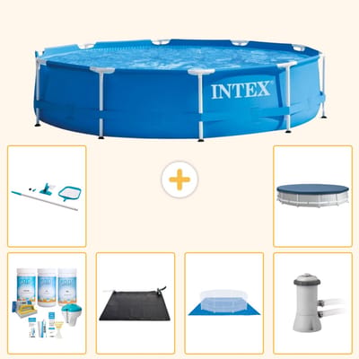 Intex Rond Frame Zwembad - 366 x 76 cm - Blauw - Inclusief Onderhoudspakket - Solar Mat - Grondzeil - Zwembadfilterpomp - Schoonmaakset - Afdekzeil - 7-delig