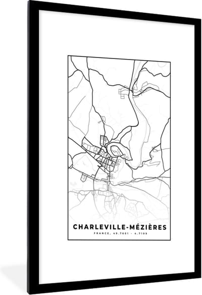 Fotolijst incl. Poster Zwart Wit- Charleville-Mézières - Stadskaart – Plattegrond – Kaart – Frankrijk - Zwart wit - 60x90 cm - Posterlijst