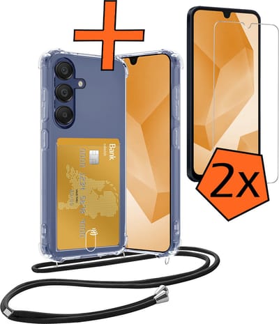 Hoesje Geschikt voor Samsung A16 Hoesje Met Telefoonketting Pasjeshouder Shockproof Case Met 2x Screenprotector Koord - Hoesje Geschikt voor Samsung Galaxy A16 Hoes Met Kaarthouder - Transparant