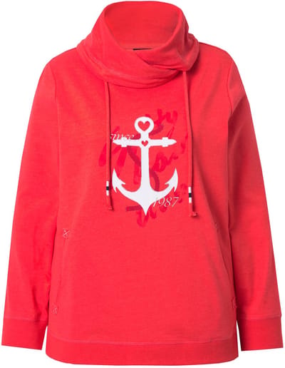 Ulla Popken - Dames - Sweatshirt maritiem motief opstaande kraag lange mouwen - Koraal - Maat 42+