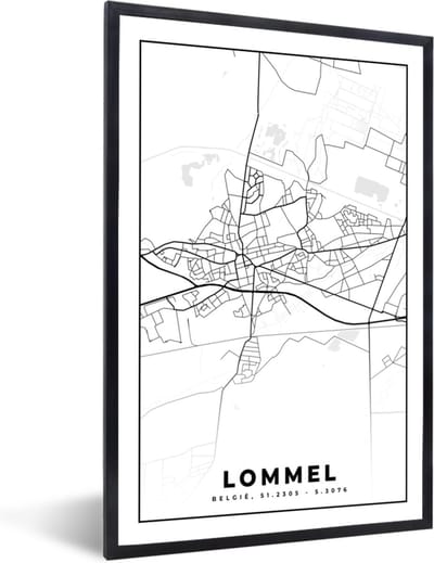 Fotolijst incl. Poster Zwart Wit- België – Lommel – Stadskaart – Kaart – Zwart Wit – Plattegrond - 40x60 cm - Posterlijst