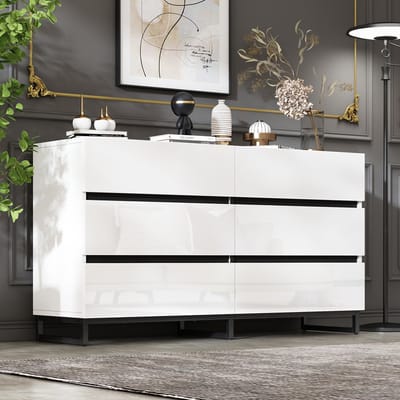 HAUSS SPOLE Dressoirs - Sideboard Met 6 Laden En Hoogglans Platte - 3 Metalen Poten - 140x39,5x78,5 cm - Spaanplaat - Wit