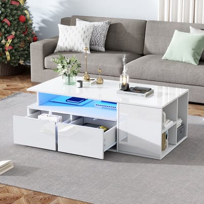 Komhtom 100*50*35 cm Salontafel met LEDsalontafel voor in de woonkamersalontafel met 2 ladessalontafel met een totaal draagvermogen van 60 kgwitte salontafel met veel opbergruimte