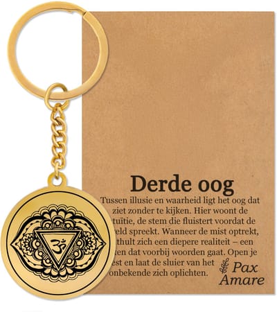 Derde Oog Chakra (Ajna) Sleutelhanger op Cadeau Kaartje – Spiritueel Cadeau van Roestvrij Staal – Goudkleurig – Pax Amare