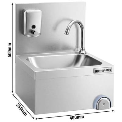 GGM Gastro Handwaschbecken - mit Wasserhahn, Seifenspender, Kniebedienung & hoher Aufkantung