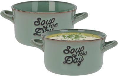 Excellent Houseware Soepkommen/serveer schaaltjes - 2x - porselein - 500ml - groen - met oor