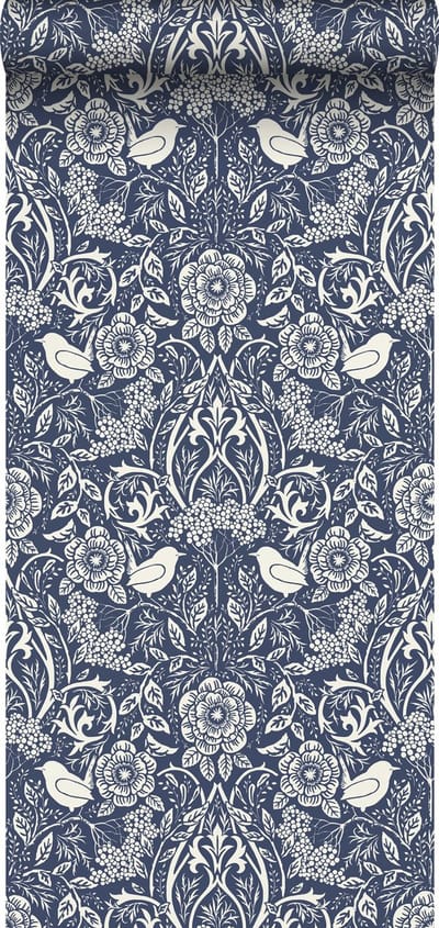 ESTAhome behang bloemen en vogels in art nouveau stijl donkerblauw - 50 x 900 cm - 139435