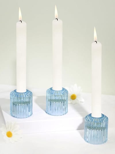 SnelShoppen - 3-delige set glazen kandelaar voor staafkaarsen en theelichtjes, puntige kaarsenhouder, duurzaam glas, blauw, perfect voor feest en deco