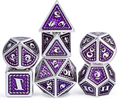 Metalen dobbelstenen set - Veelvlakse dobbelstenen RPG - Tabletop rollenspellen - Drakenschaal ontwerp - 7 stuks - Paars met zilveren rand