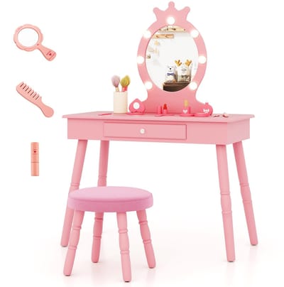COSTWAY Make-uptafel voor kinderen, met verlichting, 2-in-1 kaptafel prinses met afneembare spiegel en lade, houten kaptafel met kruk, voor meisjes van 3 tot 7 jaar, roze