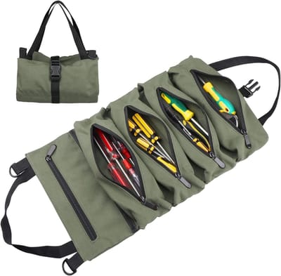 QTTVBTNA -Opvouwbare Gereedschapstas – Robuuste Rolbare Mini Werkzeugtas met 2 Afneembare Zakjes – Praktische Organizer voor Thuis, Auto en Werkplaats – Perfect Cadeau voor Vader, Man, Vriend of Opa – Kerst & Verjaardag