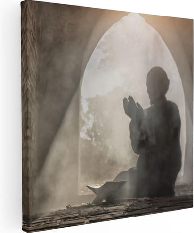 Artaza Canvas Schilderij Biddende Man - 30x30 cm - Klein - Wanddecoratie Islamitisch - Muurdecoratie Silhouet - Kamer Accessoires Moskee