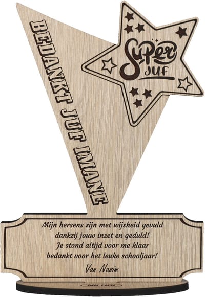 Juf Bedankt Cadeau Gepersonaliseerd | Geschenk om Lerares te Bedanken | Bedankje Juffrouw | Kaart van Hout | Einde Schooljaar Award | 17.5 x 25 cm