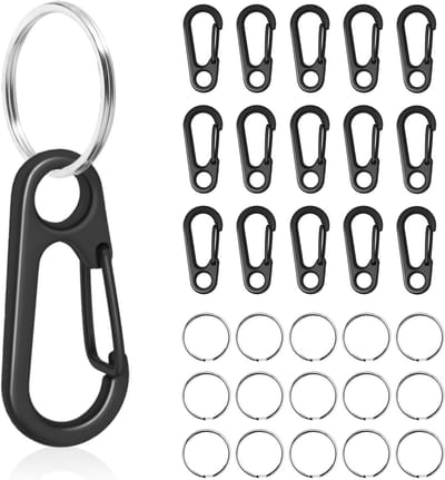 Kleine karabijnhaak - Sleutelring clips - Rugzak bevestiging - Metaal constructie - 31x14 millimeter - Zwart met ringen