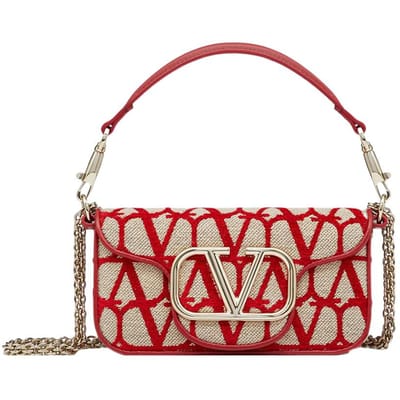 Valentino Locò V Logo Print Patchwork Magnetische Sluiting Kalfsleer Baguette Tas Schouder Crossbody Handtas Dames tassen Beige Rood W0B0L97JSQJ4A Basic Set (Bag+Dust Bag) beige