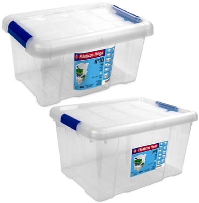 Hega Hogar Opbergboxen - 2x - met deksel - 5 en 16 ltr - kunststof - transparant/blauw - 29 x 20 x 15 en 39 x 29 x 21 cm - Opbergbakken