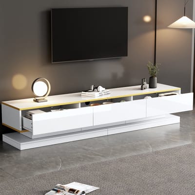 TV-meubel - 200x40x40 cm - Lowboard met 3 Laden - Grote Opslag en Gouden Rand - Hout - Warm Wit