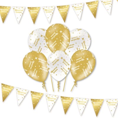 Q2P - Pensioen - Slingers - Ballonnen - Wit & Goud Set - Feest Versiering - Helium Ballon