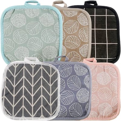 Set van 6 Katoenen Pannenlappen - Vierkante Geïsoleerde Keukenhandschoenen, Warmtebestendige Onderzetters voor Thuis en BBQ Feestjes, Keukenaccessoires en Grillhandschoenen