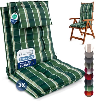 Beautissu Sun-HL - Set van 2 Premium Hoge Rugleuning Kussen met Hoofdkussen 120x50 cm – UV-bestendig & 8cm Dik Kussen Tuinstoelkussen Antislip Bevestigingsbanden – Stevige Stof Groen geblokt