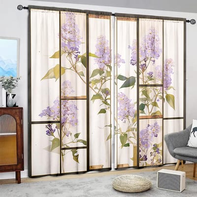 2 stuks Syringa Oblata Lindl Gezeefdrukt Gordijn voor Huisdecoratie - Tunnel voor Roede Raambekleding voor Slaapkamer, Kantoor, Keuken 52.5cmX116cm X 2pcs beige