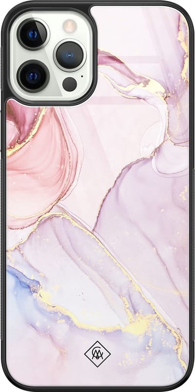 Casimoda® hoesje - Geschikt voor iPhone 12 Pro - Marmer roze paars - Luxe Hard Case Zwart - Backcover telefoonhoesje - Roze