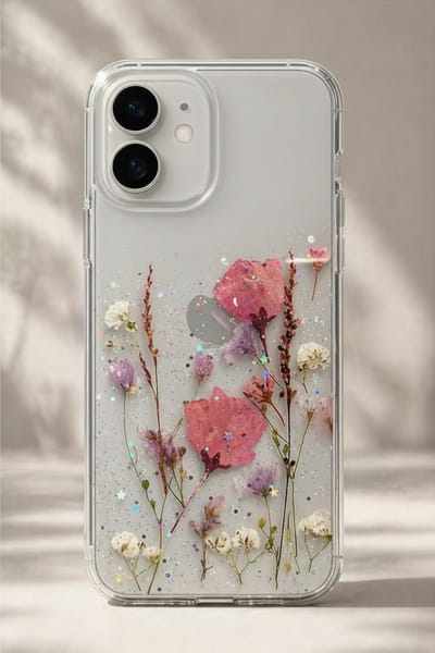 Vrolijk gebloemd telefoonhoesje met echte gedroogde bloem / Iphone 14 / Iphonehoesje / roze