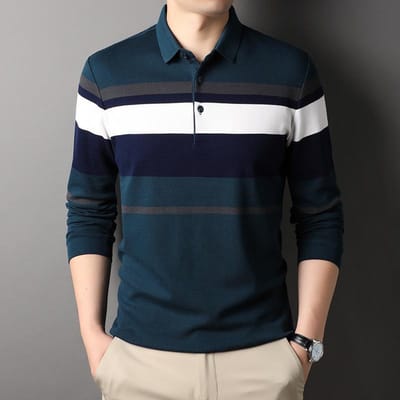Heren Herfst Nieuw Katoen Lange Mouw T-shirt Heren Gestreept Losse Revers Top Middelbare Leeftijd Heren Polo Shirt Lange Mouw 3XL black