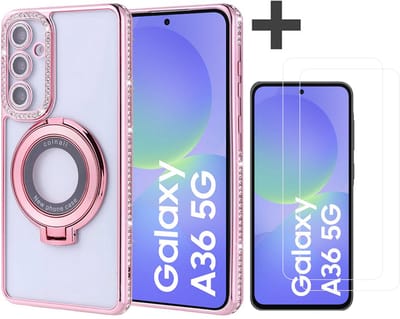 Hoesje met Ringhouder Geschikt voor Samsung Galaxy A36 met Diamant Glitters en 2 Stuks Gehard Glas Screenprotector – Arara Backcover - Rosegoud