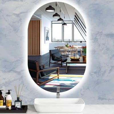 Ovale Badkamerspiegel met Verlichting 60x40cm LED Verlichte Spiegel Anti-Fog 3 Kleuren Dimbare Wandmontage Frameloos