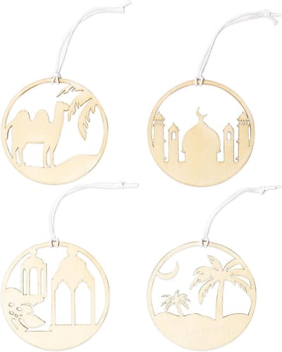 Famanu – Ramadan houten hangers - 12 stuks - tafeldecoratie of boomdecoratie - natuurlijke afwerking - Eid Mubarak en Ramadan feestdecoratie - duurzaam