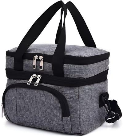 CarryQuest® - Geïsoleerde Koeltas - Lunchtas - Geïsoleerde Lunchtas - Dubbel Compartiment + 8 Uur Isolatie - Waterdicht Oxford - Thermische Lunchbox - Met Verstelbare Riem - Grijs