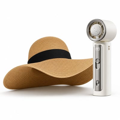 VHV - Zonnehoed en Ventilator Set - dames bruine strohoed met brede rand - Aparte mini ventilator - Voor strand, vakantie, sport