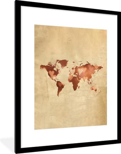 Poster in lijst - Fotolijst 60x80 cm - Posters - Wereldkaart - Hart - Bruin - Posterlijst zwart - Decoratie - Wanddecoratie woonkamer - Muurdecoratie slaapkamer