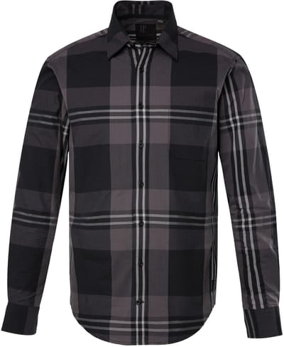 JP 1880 - Heren - Geruit overhemd lange mouw kentkraag Modern Fit - Zwart - Maat 4XL