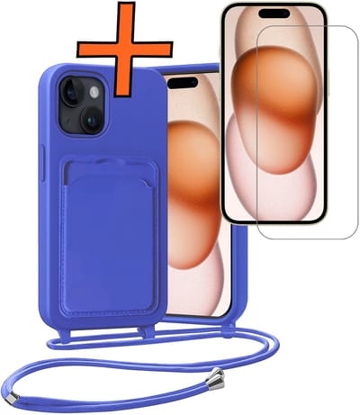 Hoesje Geschikt voor iPhone 15 Plus Hoesje Met Telefoonketting Pasjeshouder Case Met Screenprotector Koord - Hoesje Geschikt voor iPhone 15 Plus Hoes Met Kaarthouder - Felblauw