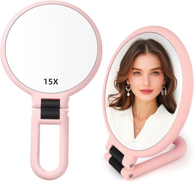 Handspiegel - Vergrootglas spiegel - Make-up aanbrengen - Dubbelzijdig 1X 15X - 24 x 13.5 cm - Roze